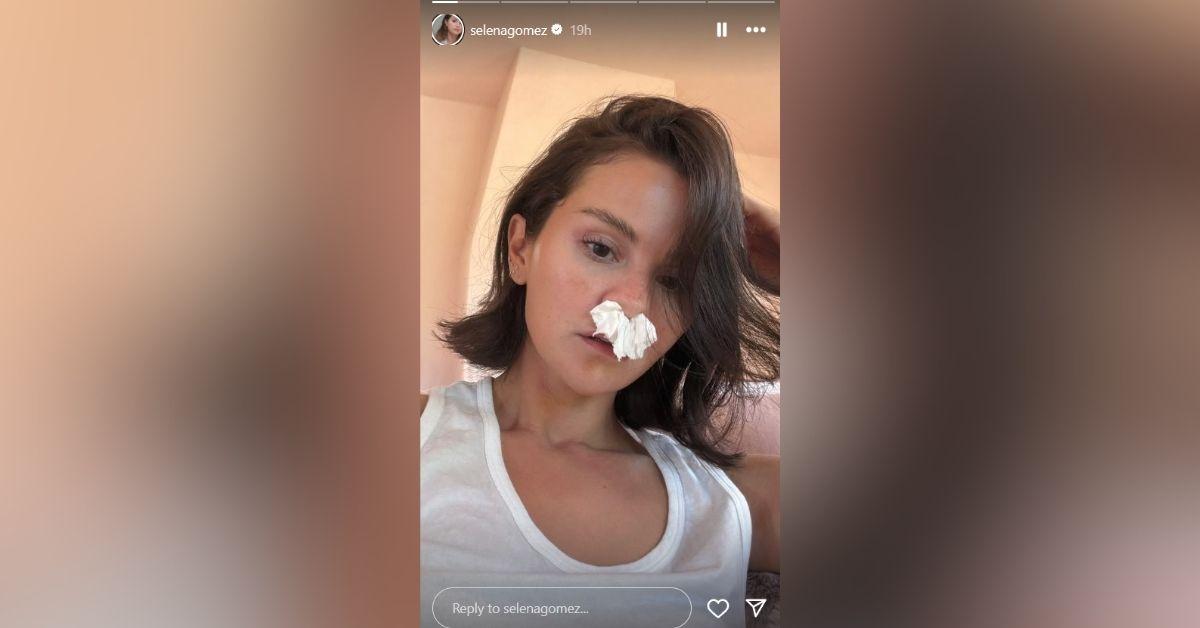 image of Selena Gomez shared a funny makeup-free selfie with tissues in her nose just days after marrying Benny Blanco.