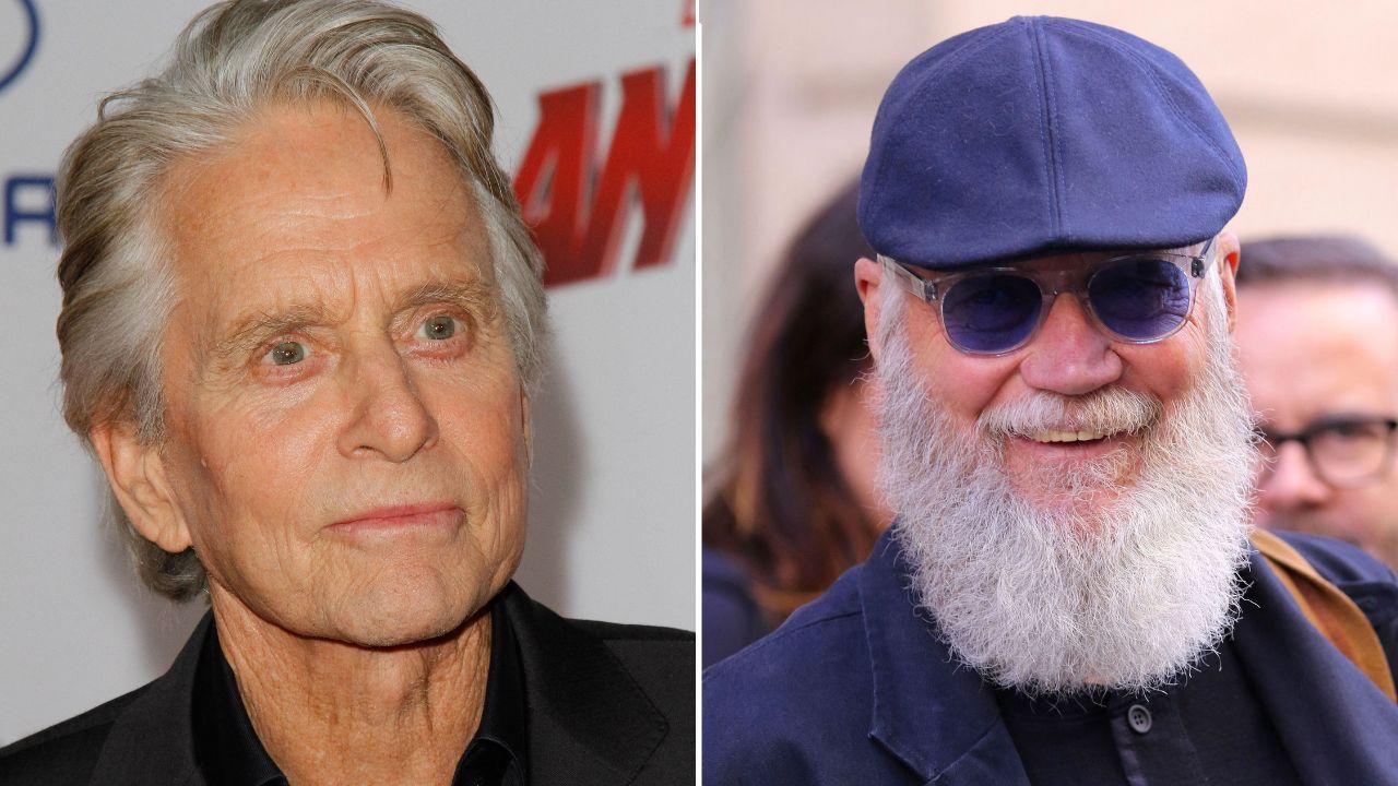 Split photo of Michael Douglas and  David Letterman