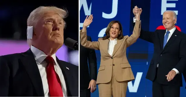 Split photo of Donald Trump with bandage and Kamala Harris and Joe Biden.