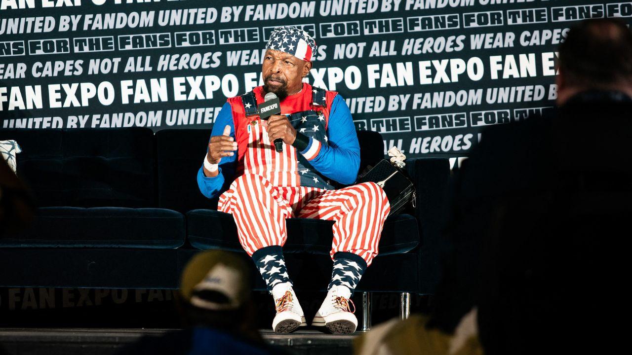 Image of Mr. T addressing people.