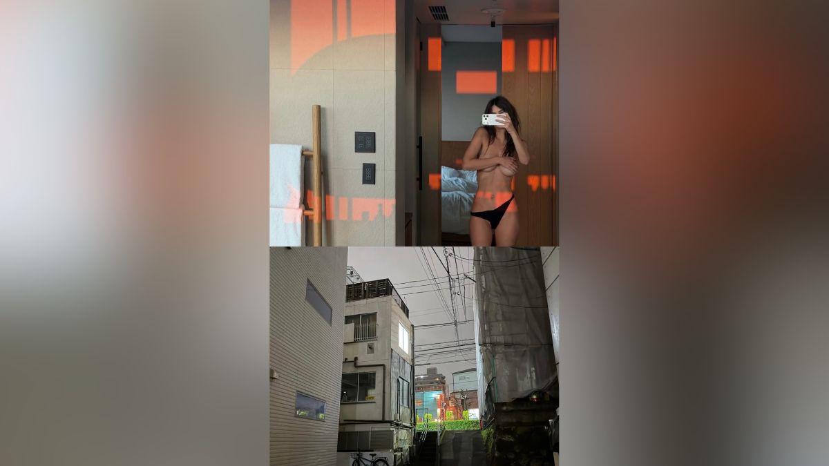 Image of Emily Ratajkowski posed topless during a trip to Tokyo.
