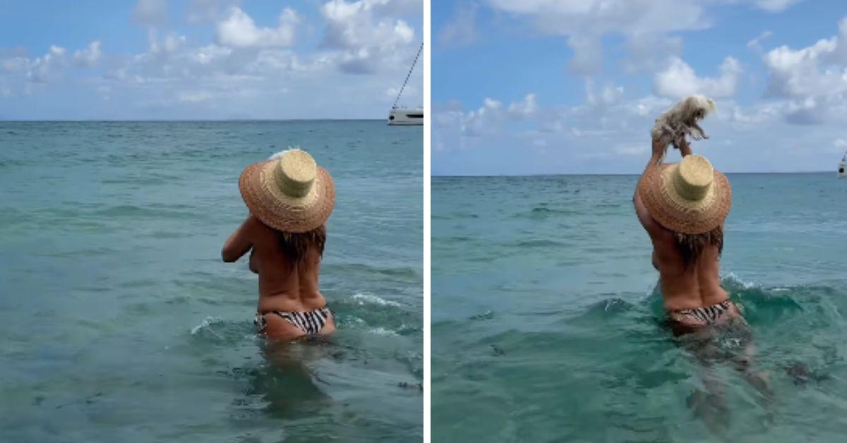 image of The supermodel posted several playful snapshots and videos, including moments of relaxing on the beach and wading through crystal-clear water.