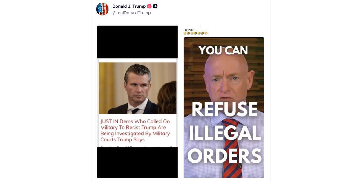 image of Donald Trump posted a bizarre mash-up of screenshots, including one of Sen. Mark Kelly (right) declaring, 'You can refuse illegal orders' on Monday night.