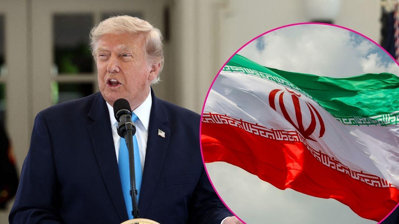 Composite photo of Donald Trump and the flag of Iran.