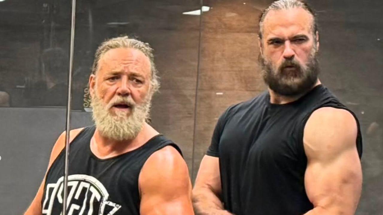 Image of Russell Crowe praised Drew McIntyre while sharing his fitness journey during 'The Last Druid' filming.