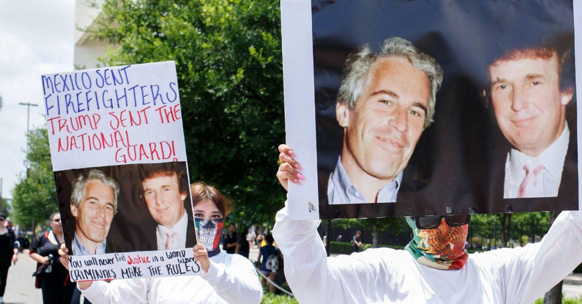 image of Protestors displayed banners with photos of Donald Trump and Jeffrey Epstein ahead of the state visit.