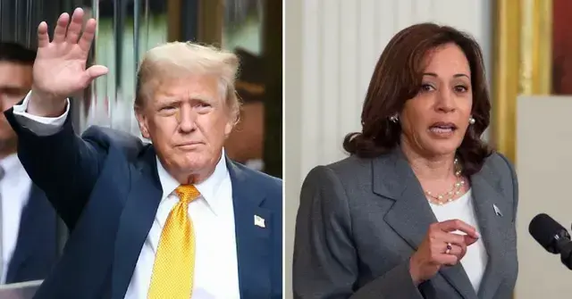 Split photo of Donald Trump waving and Kamala Harris.