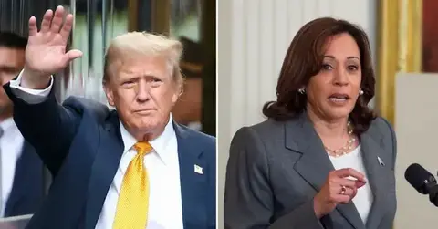 Split photo of Donald Trump waving and Kamala Harris.