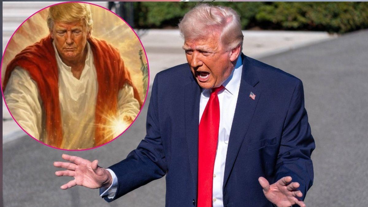 Composite photo of Donald Trump and AI image of him as Jesus.