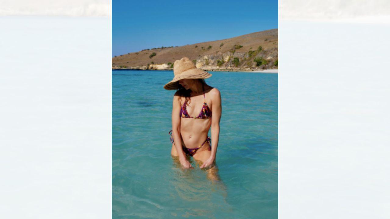 Image of Michelle Monaghan accessorized the bikini with a wide-brimmed beach hat. 