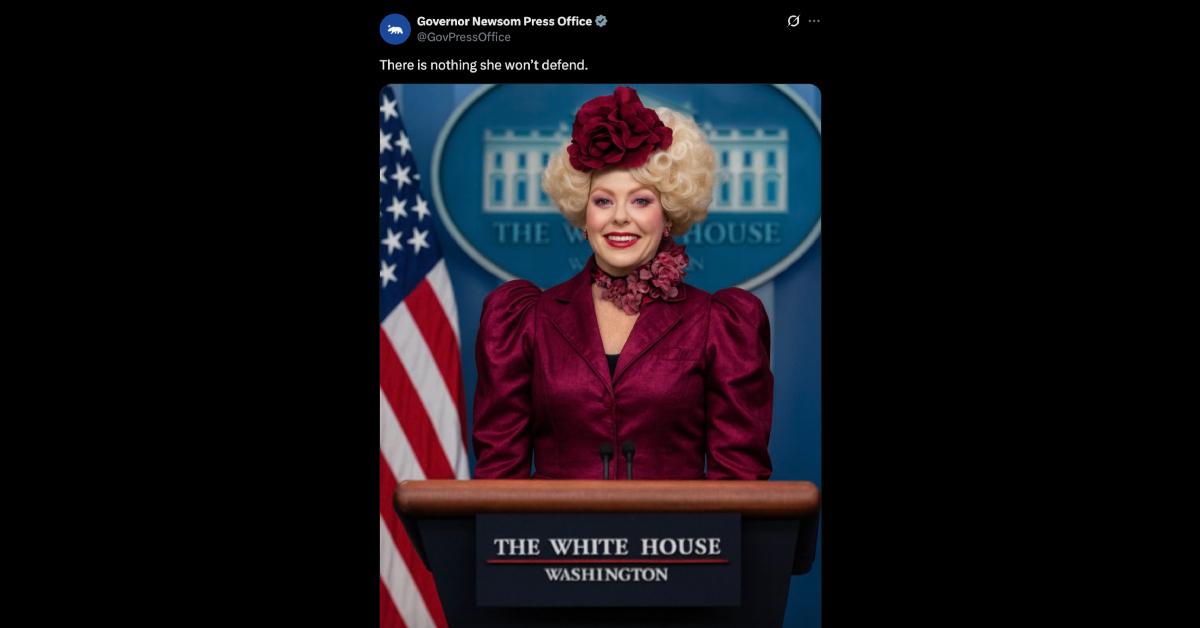 Image of Gavin Newsom trolled Karoline Leavitt with a comparison to 'The Hunger Games' character Effie Trinket.