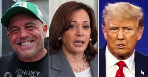 Composite photo of Joe Rogan, Kamala Harris and Donald Trump.