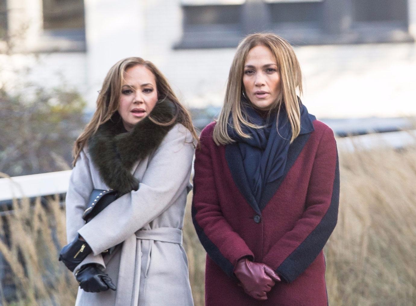 Jennifer Lopez and Leah Remini braves the cold weather on the set of &#8220;Second Act&#8221;