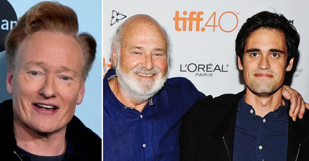 Split photo of Conan O'Brien, Rob Reiner and Nick Reiner.