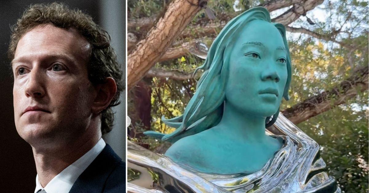 Composite photo of Mark Zuckerberg and the statue.