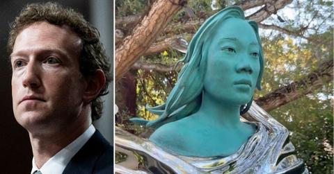 Composite photo of Mark Zuckerberg and the statue.