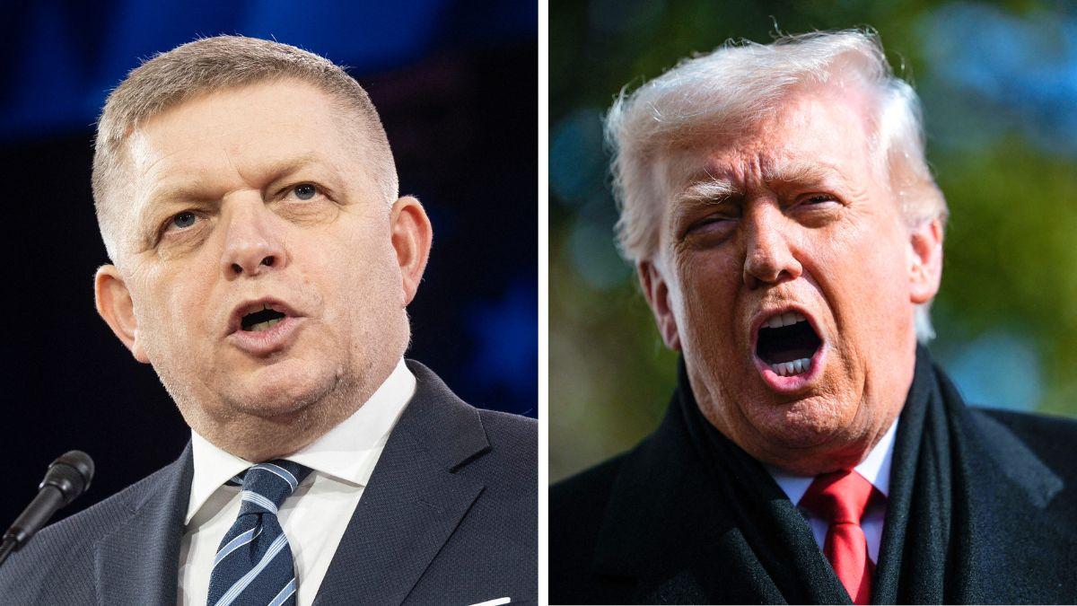split photo of robert fico and donald trump