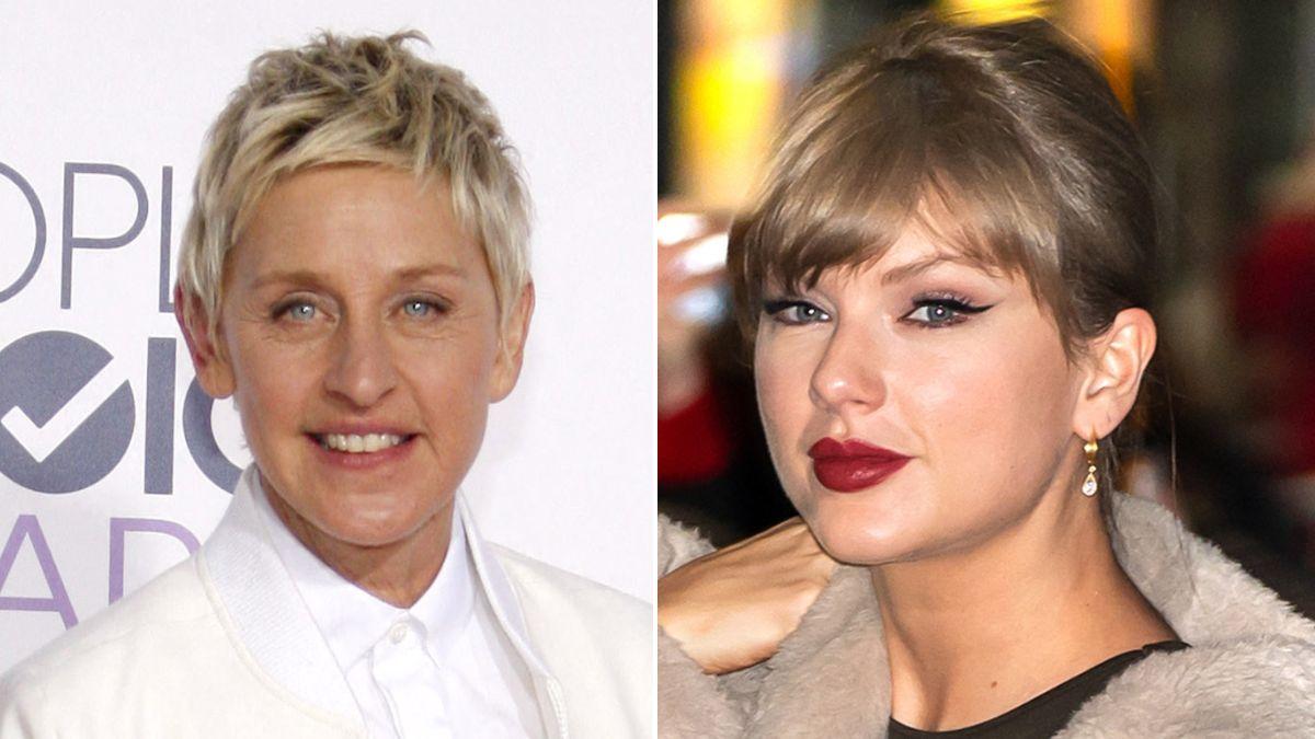 Split photo of Ellen DeGeneres and Taylor Swift.