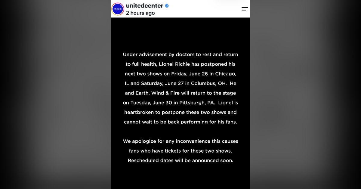 image of Lionel Richie postponed his Chicago and Columbus concerts after experiencing a health scare during his performance in St. Paul.