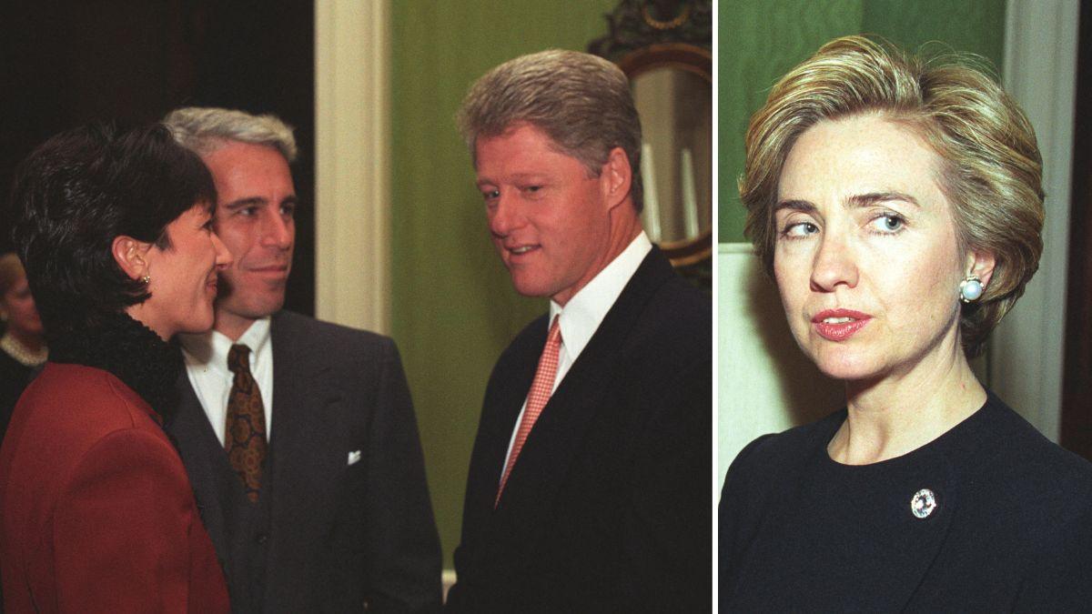 Split photo of Ghislaine Maxwell, Jeffrey Epstein, Bill Clinton and Hillary Clinton.