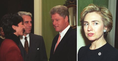 Split photo of Ghislaine Maxwell, Jeffrey Epstein, Bill Clinton and Hillary Clinton.