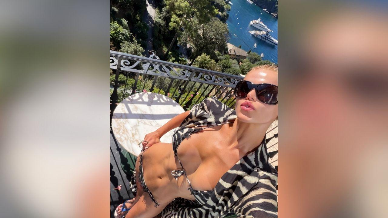 image of Brooks Nader shared a series of photos from her Italian getaway featuring a tiny zebra-print bikini.