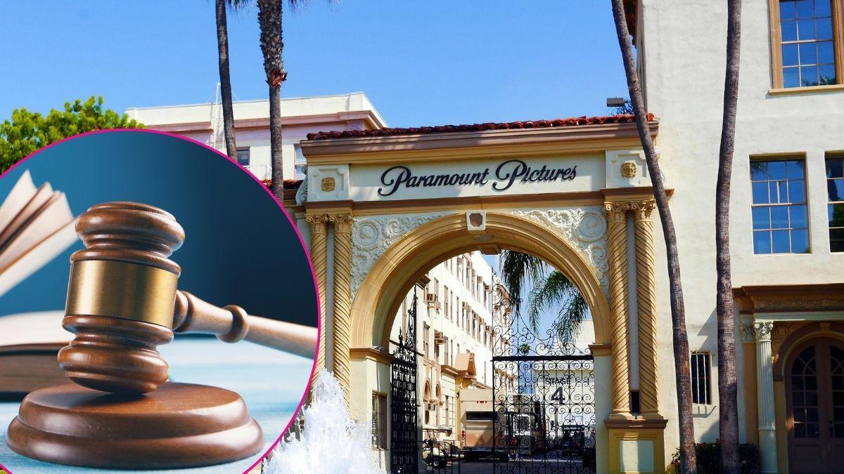 Composite photo of a gavel and Paramount Pictures studio.
