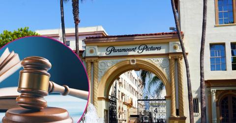 Composite photo of a gavel and Paramount Pictures studio.
