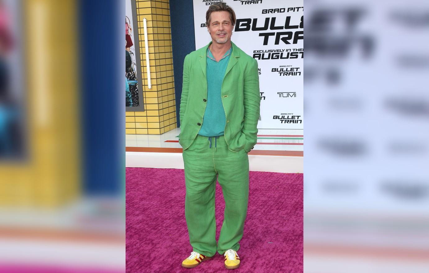 Brad Pitt Galavants Around 'Bullet Train' Premiere In Mint Green Suit