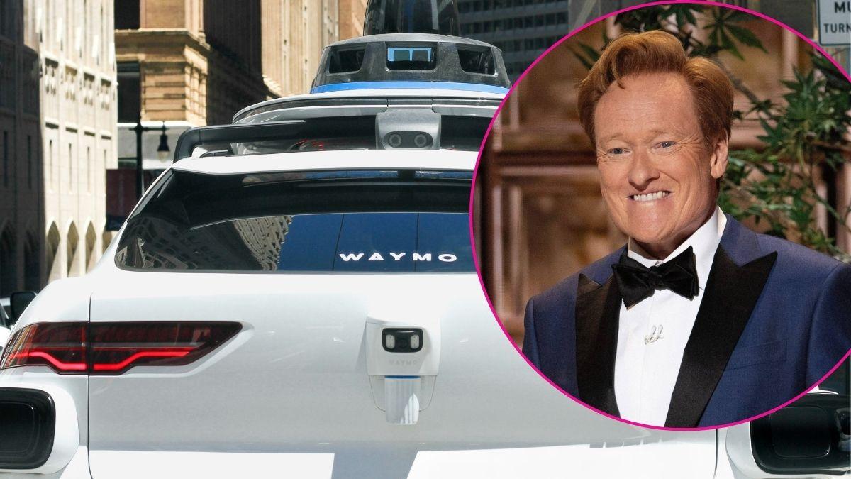 Composite photo of Conan O'Brien and a Waymo.