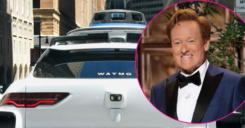 Composite photo of Conan O'Brien and a Waymo.