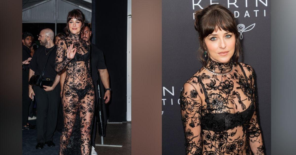 image of The lace gown featured floral embroidery over a bra and low-waisted underwear.