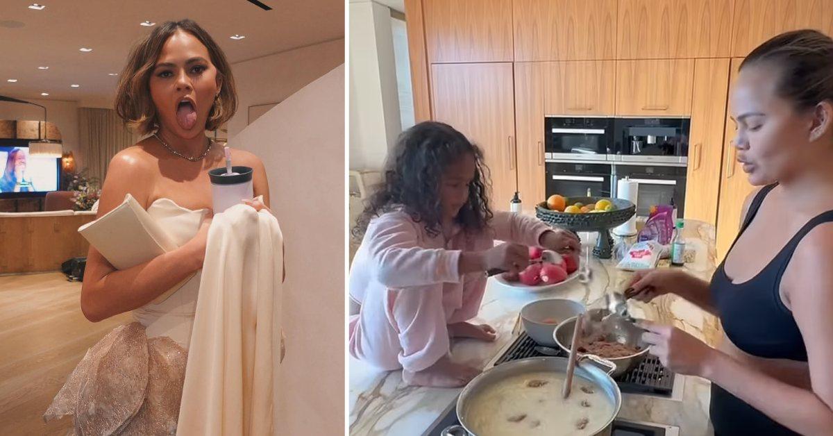 Photo of Chrissy Teigen and an image of her cooking with daughter Luna.