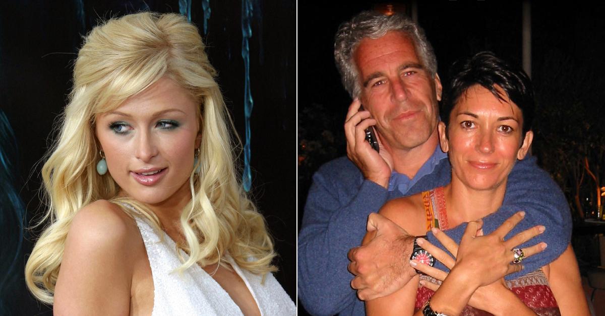 Split photo of Paris Hilton, Jeffrey Epstein and Ghislaine Maxwell.