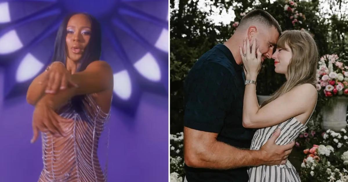 Photo of Kayla Nicole and a photo of Travis Kelce with Taylor Swift