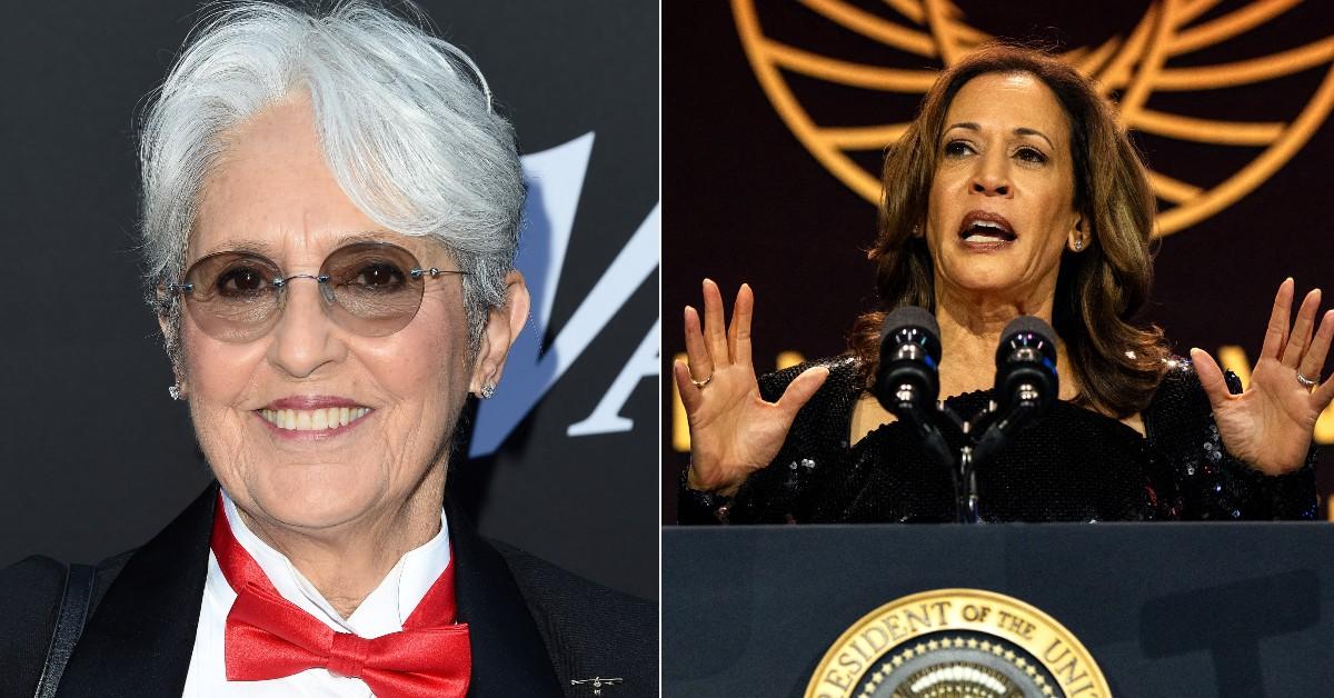 Split photo of Joan Baez and Kamala Harris.