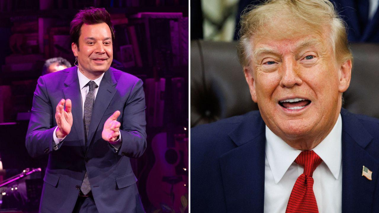 Split photo of Jimmy Fallon and Donald Trump