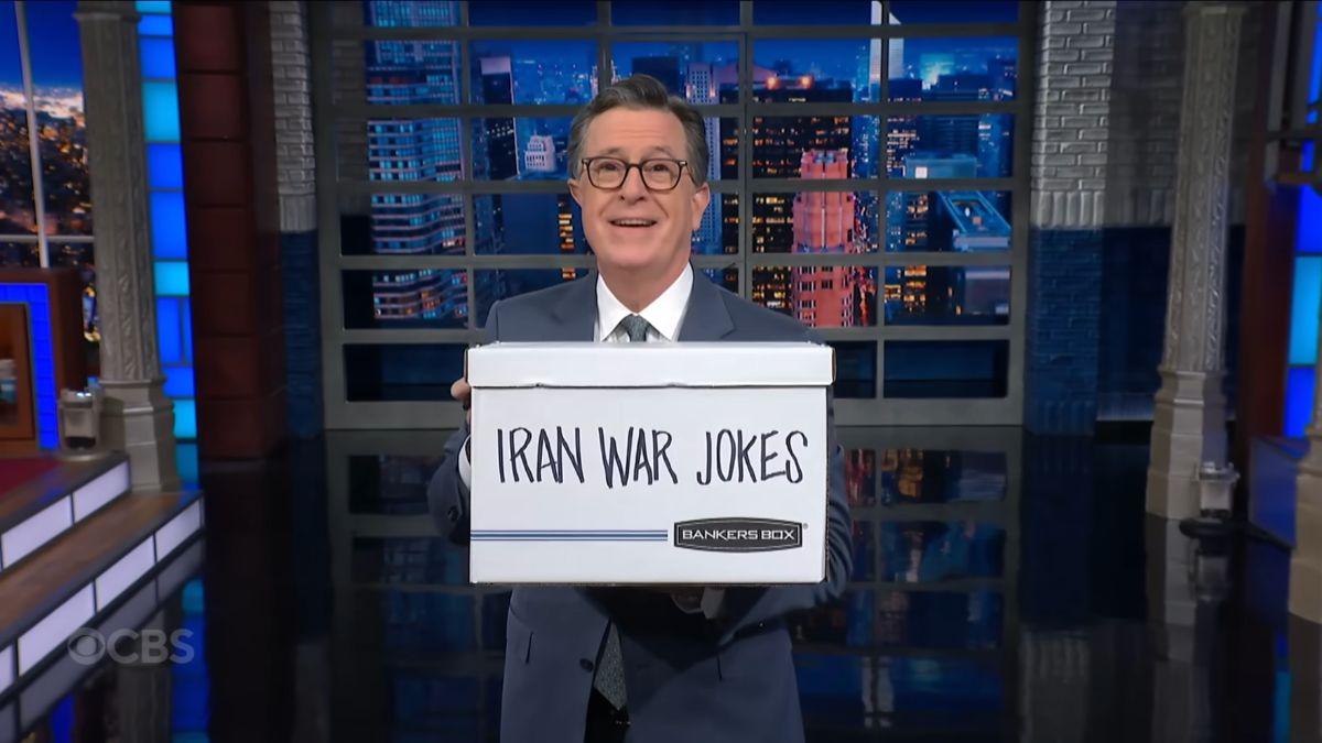 Image of Stephen Colbert used a prop box labeled ‘Iran War Jokes’ that was theatrically sent to Jimmy Kimmel.