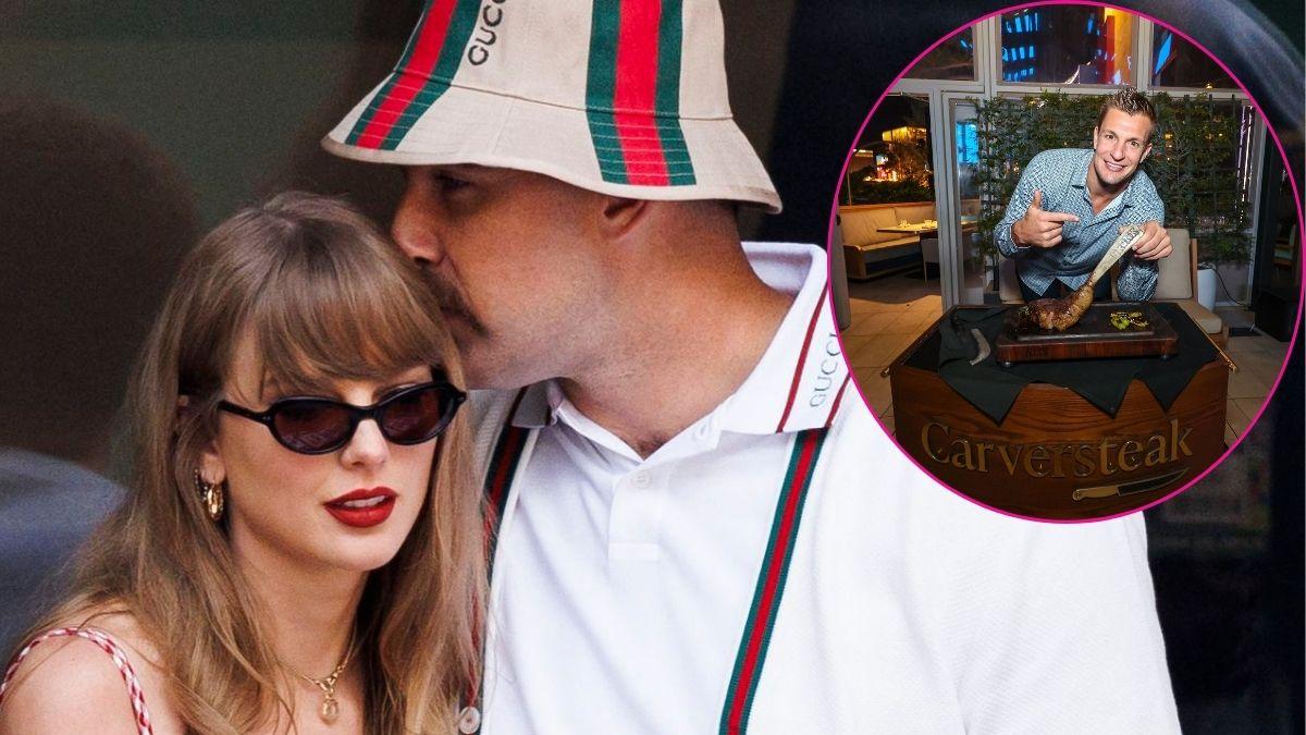 Split photo of Taylor Swift, Travis Kelce & Rob Gronkowski