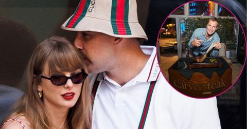 Split photo of Taylor Swift, Travis Kelce & Rob Gronkowski