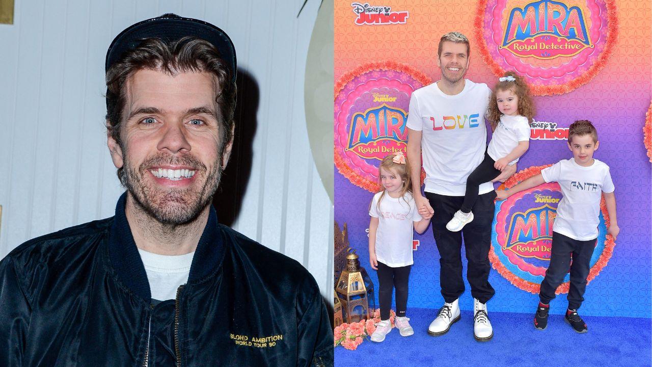 Split image of Perez Hilton and Hilton with his kids.
