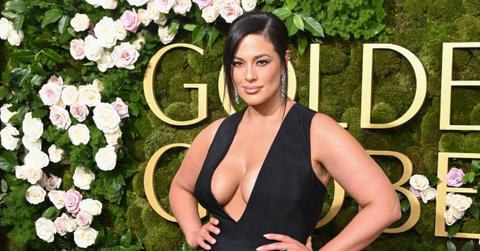 ashley graham spills out black dress golden globes red carpet
