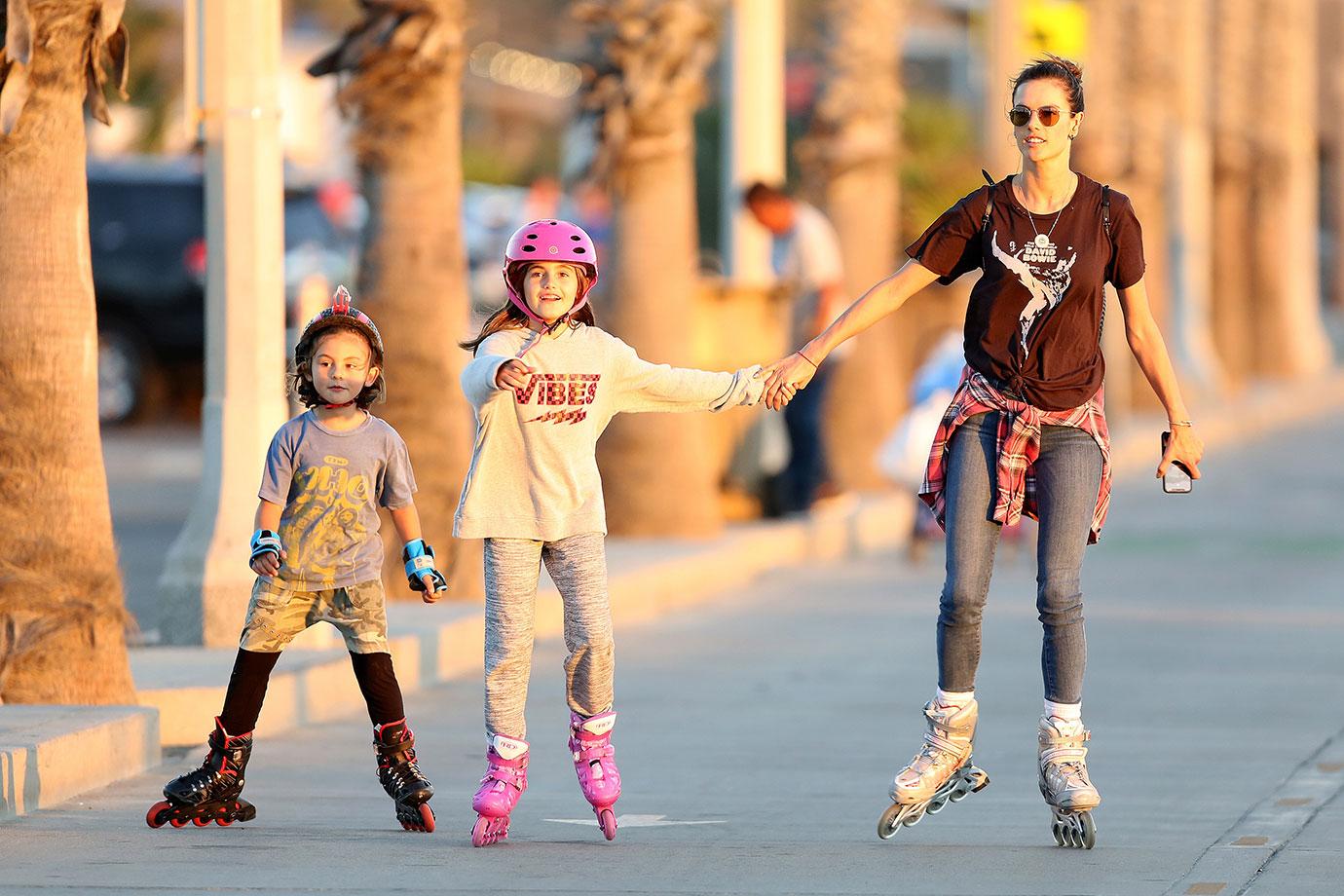 EXCLUSIVE: Alesssandra Ambrosio takes the kids rollerblading on the beach