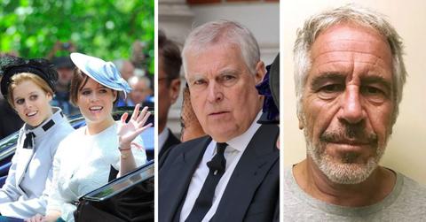 split image of Princesses Beatrice and Eugenie, Andrew Mountbatten Windsor and jeffrey epstein