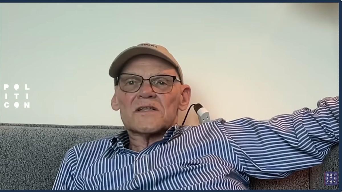 image of James Carville criticized the administration for 'fake a-- wars.' 