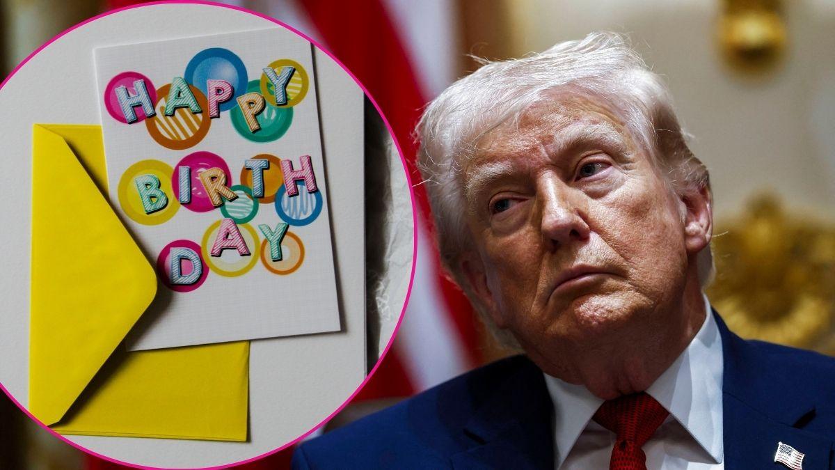 Composite photo of donald Trump and a birthday card.