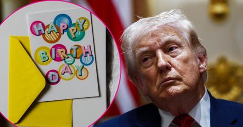 Composite photo of donald Trump and a birthday card.