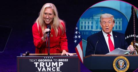 image of Majorie Taylor Greene and inset of Donald trump