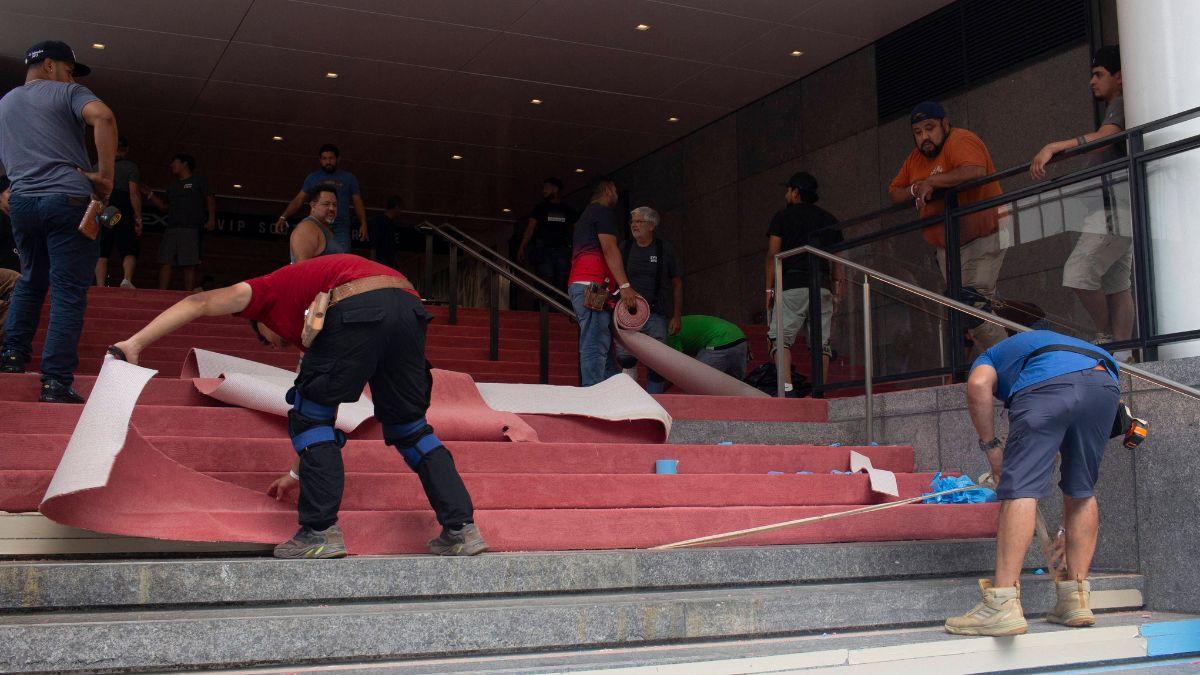 Image of Workers were spotted outside Madison Square Garden making preparations for Taylor Swift and Travis Kelce's rumored wedding on July 3.