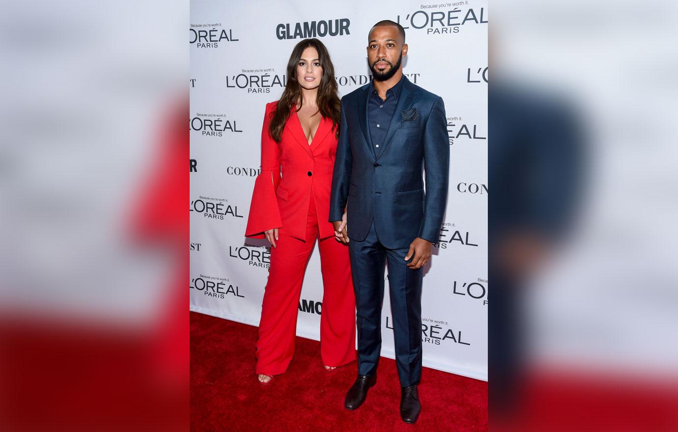 Ashley Graham In Red Pantsuit On Red Carpet With Husband Justin Ervin